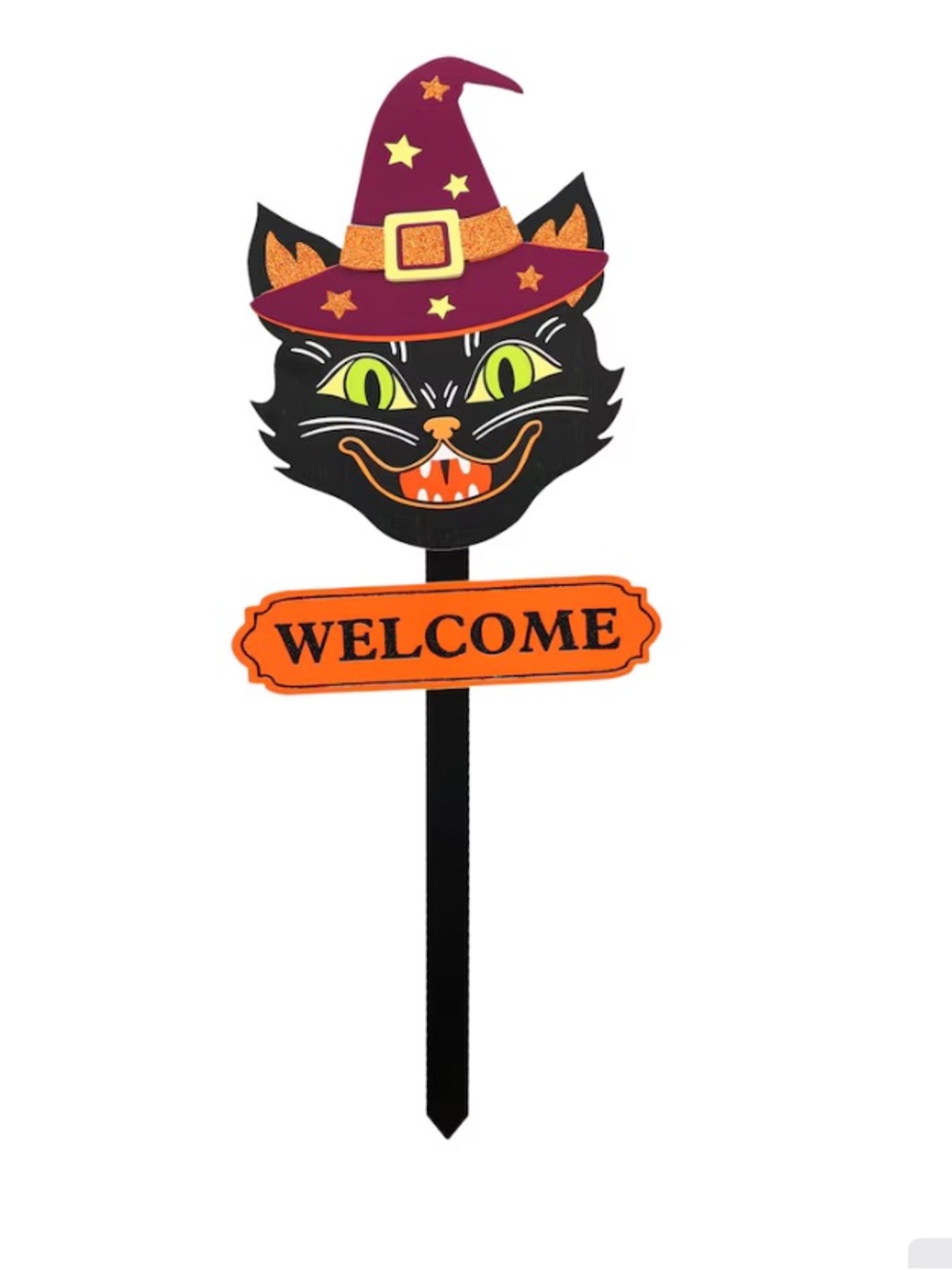 Halloween Black Cat Welcome Yard Stake - Purple Hat, Orange Sign